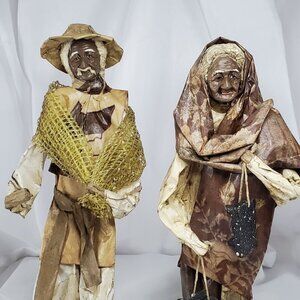 VTG handmade Mexican paper mache folk art couple Farmer & Lady Figurines